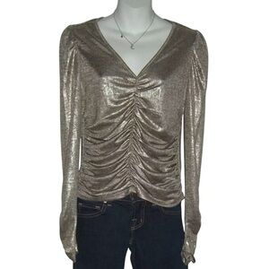 Rachel Zoe Blouse Gold Ruched Party Glam Rock Parisian Puff Sleeve Luxe Metallic